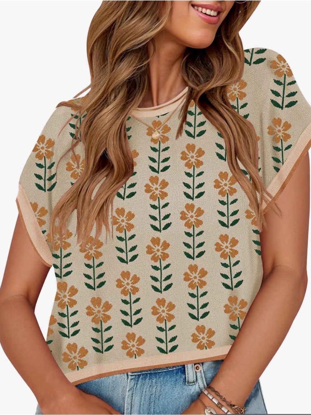 Floral Knit Cap-Sleeve Sweater Beige/Golden Floral Large